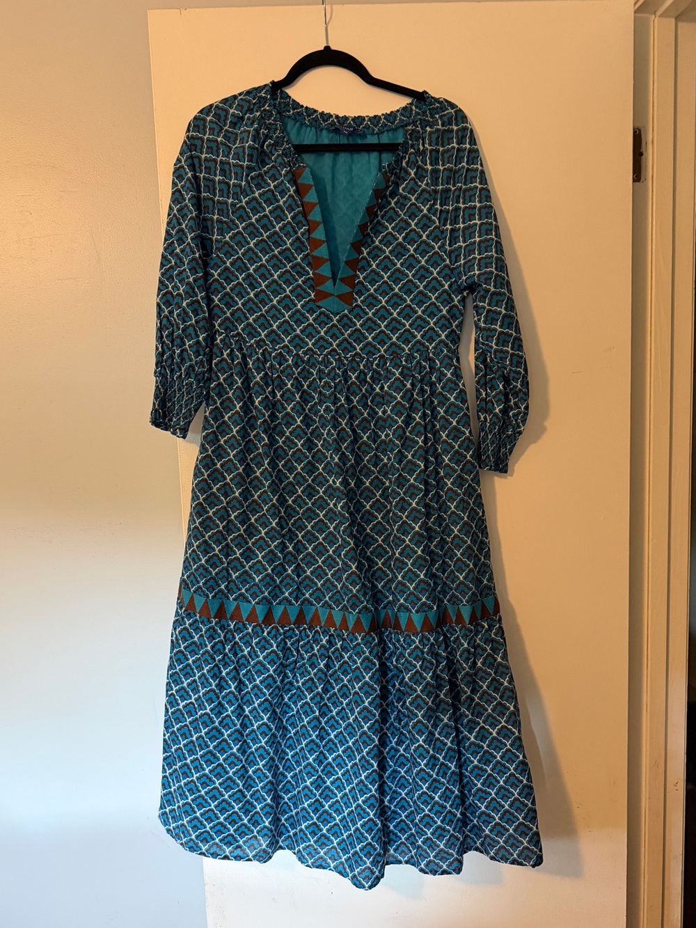 Ro’s Garden Teal Patterned Long Sleeve Midi Dress, Size XS